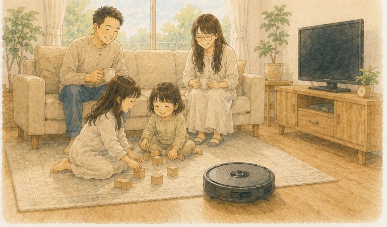 ロボット掃除機がある居間でくつろぐ家族の水彩イラスト