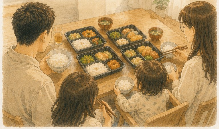 家族で宅食のお弁当を食べている水彩イラスト