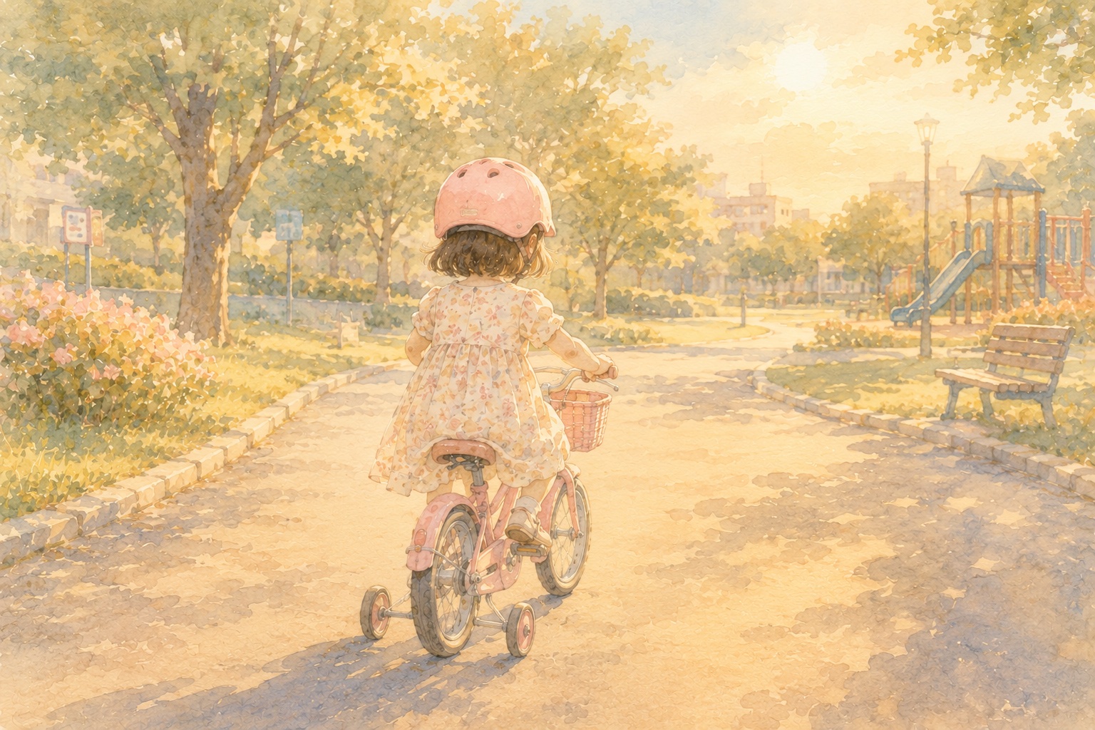 補助輪付きの自転車に乗る女の子の後ろ姿、夕日が差す公園の道の水彩イラスト