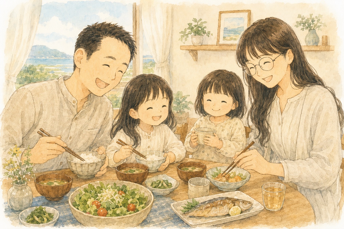 糸島の食卓で夕食を囲む4人家族の水彩イラスト